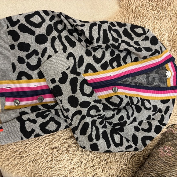 Leopard Print Cardigan with Striped Trim - Picture 1 of 3